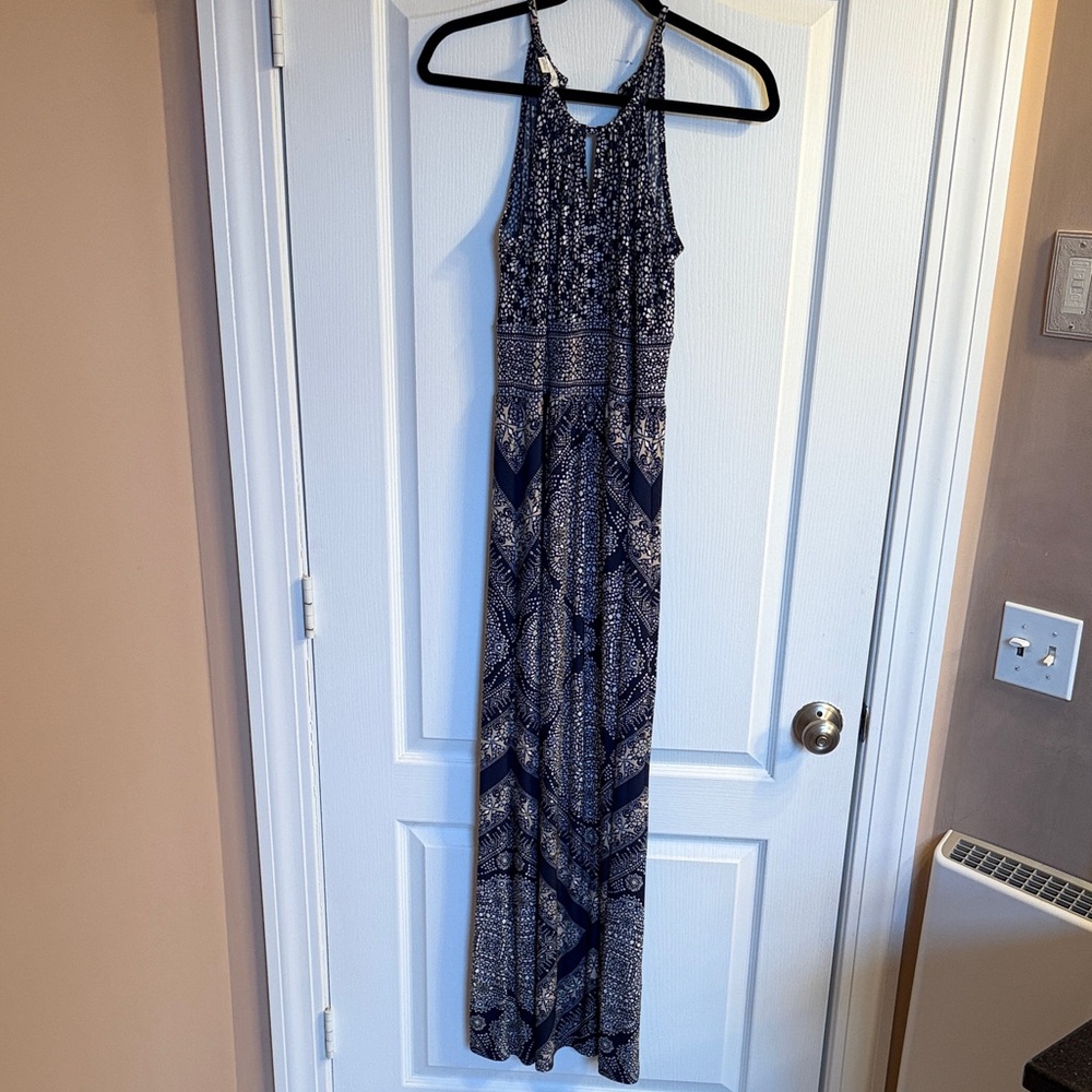 London Times Navy and White Halter Maxi Dress with Abstract Spot Print